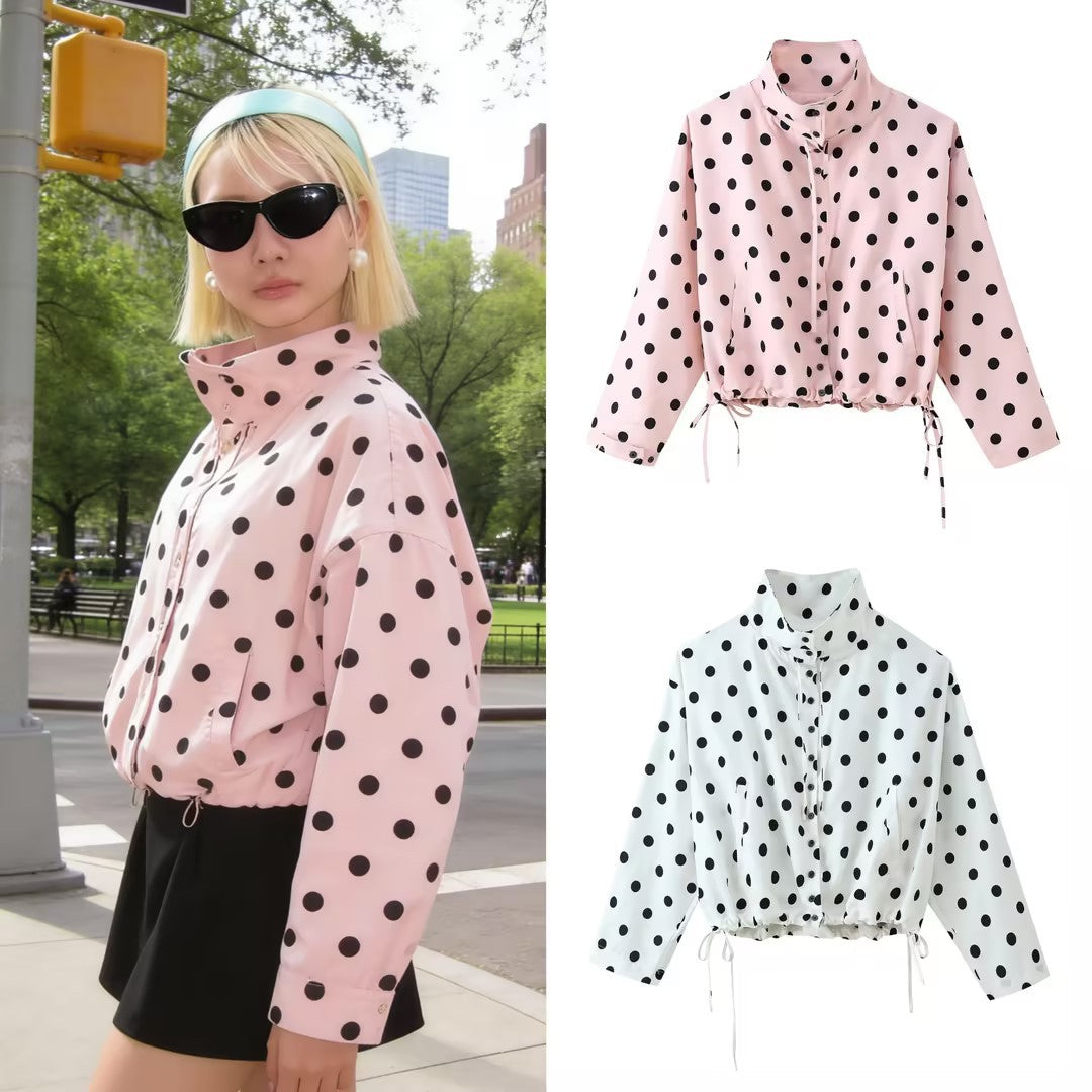 Women's lightweight dotted transitional jacket with high stand-up collar, drawstring and button placket Chichicherry