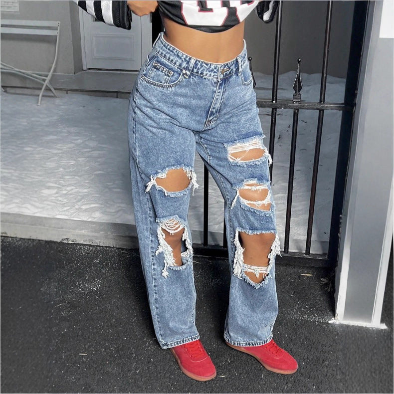 Womens High-Waisted Destroyed Baggy Jeans with Wide Leg and Knee Rips Chichicherry