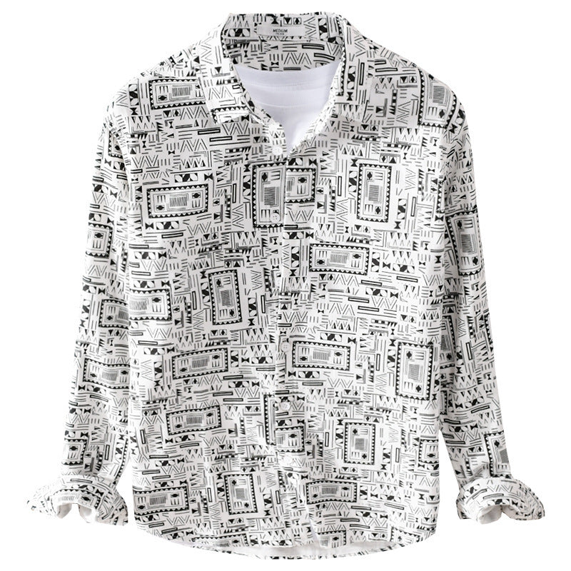 Men's Long Sleeve Shirt in Overshirt Style with Geometric Ethno Print Chichicherry