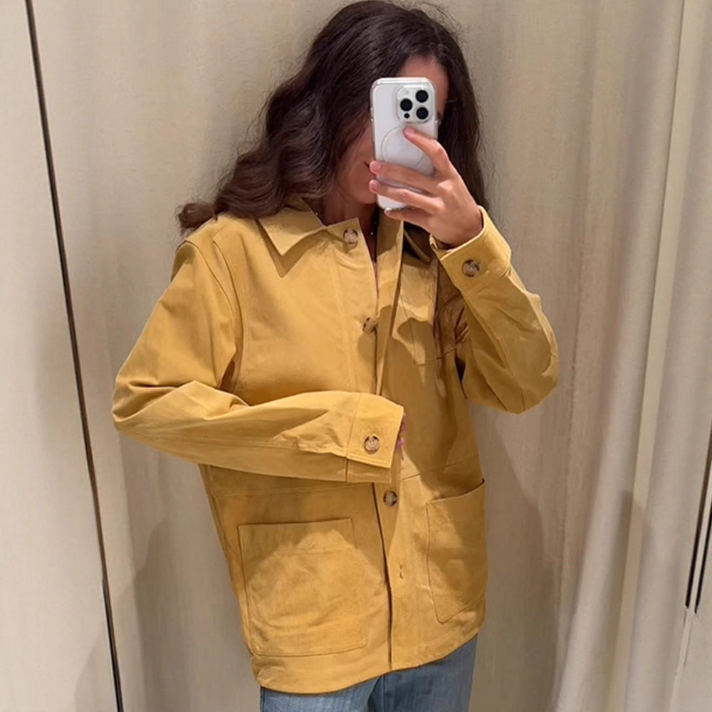 Women's Oversized Cotton Worker Jacket with Patch Pockets Chichicherry