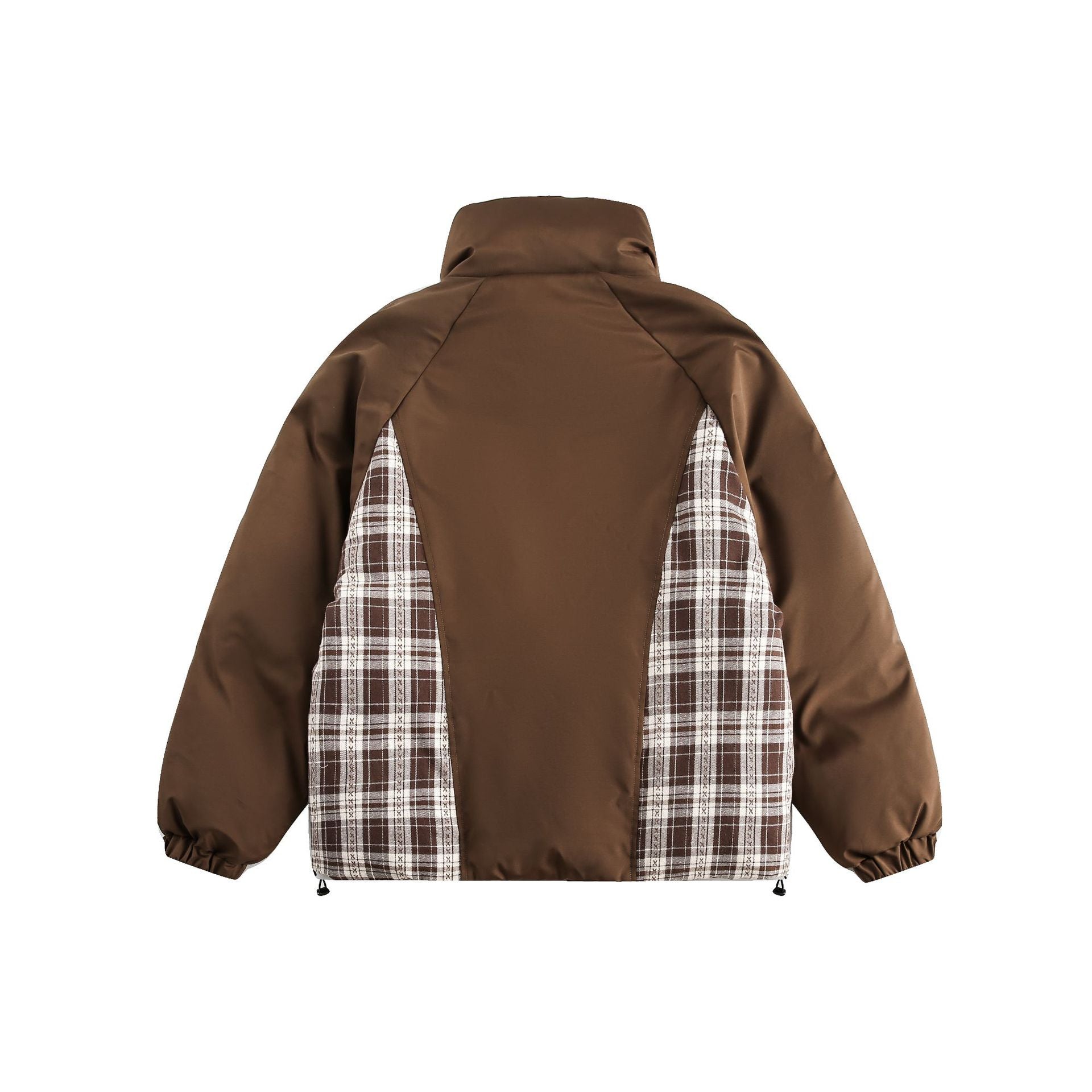 Unisex Oversize Stand Collar Puffer Jacket with Checked Insert Panel and Utility Pockets Chichicherry
