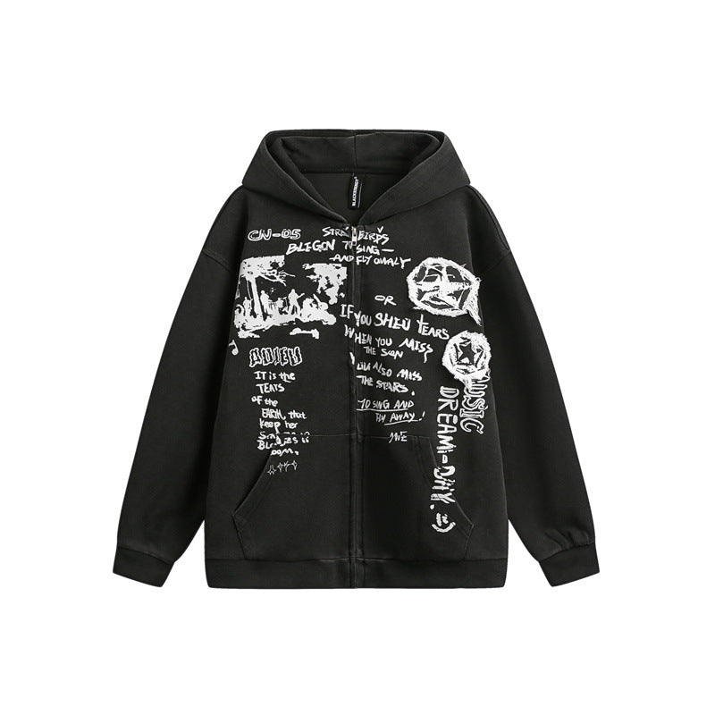 Unisex Oversize Hooded Zip Jacket with Artistic Print Chichicherry