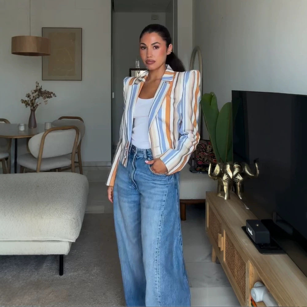 Women's Striped Cropped Blazer with Sculpted Shoulder Chichicherry