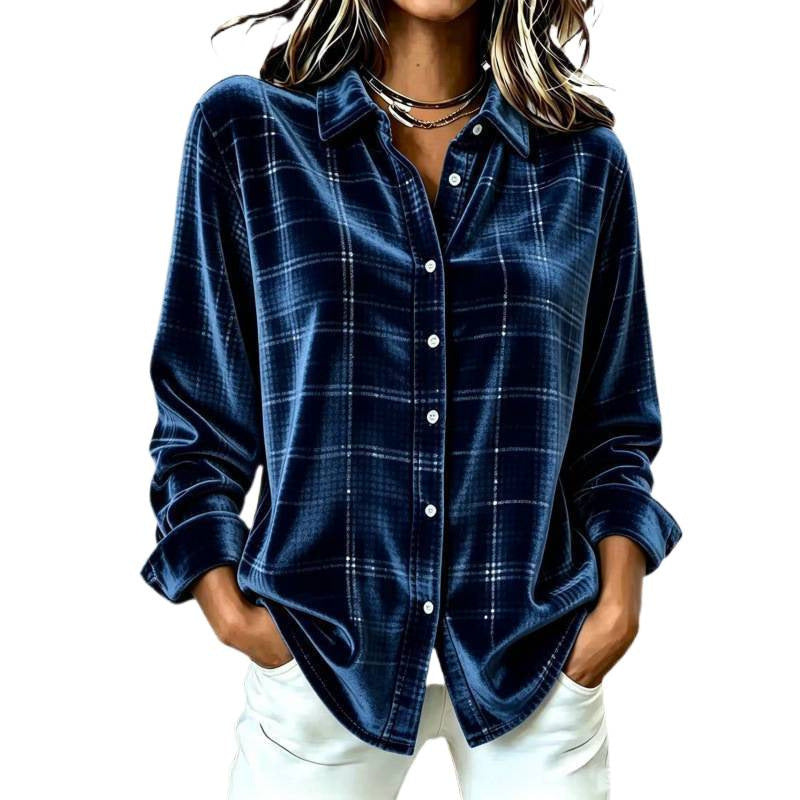 Women's velvet shirt blouse in relaxed fit with fine check pattern and mother-of-pearl buttons Chichicherry