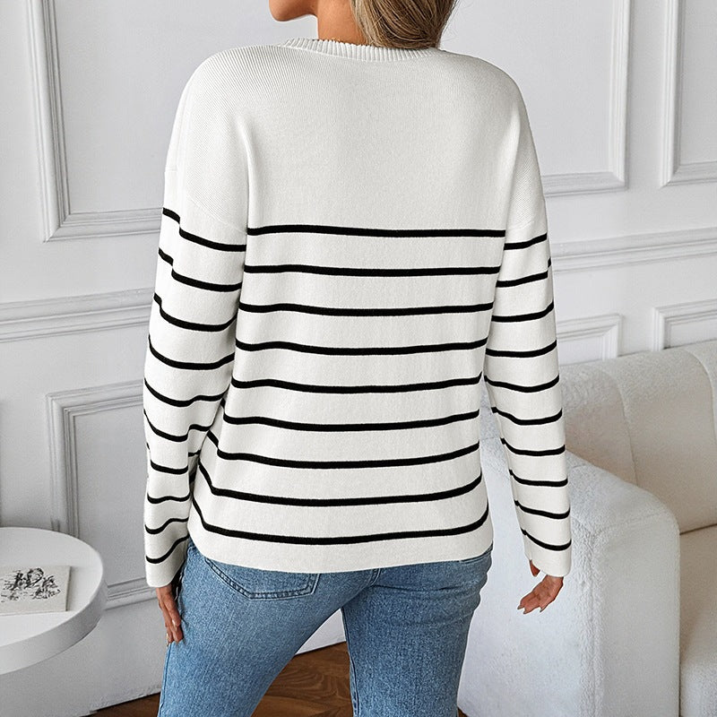 Women's fine knit pullover with jagged V-neck, maritime striped pattern & dropped shoulder Chichicherry