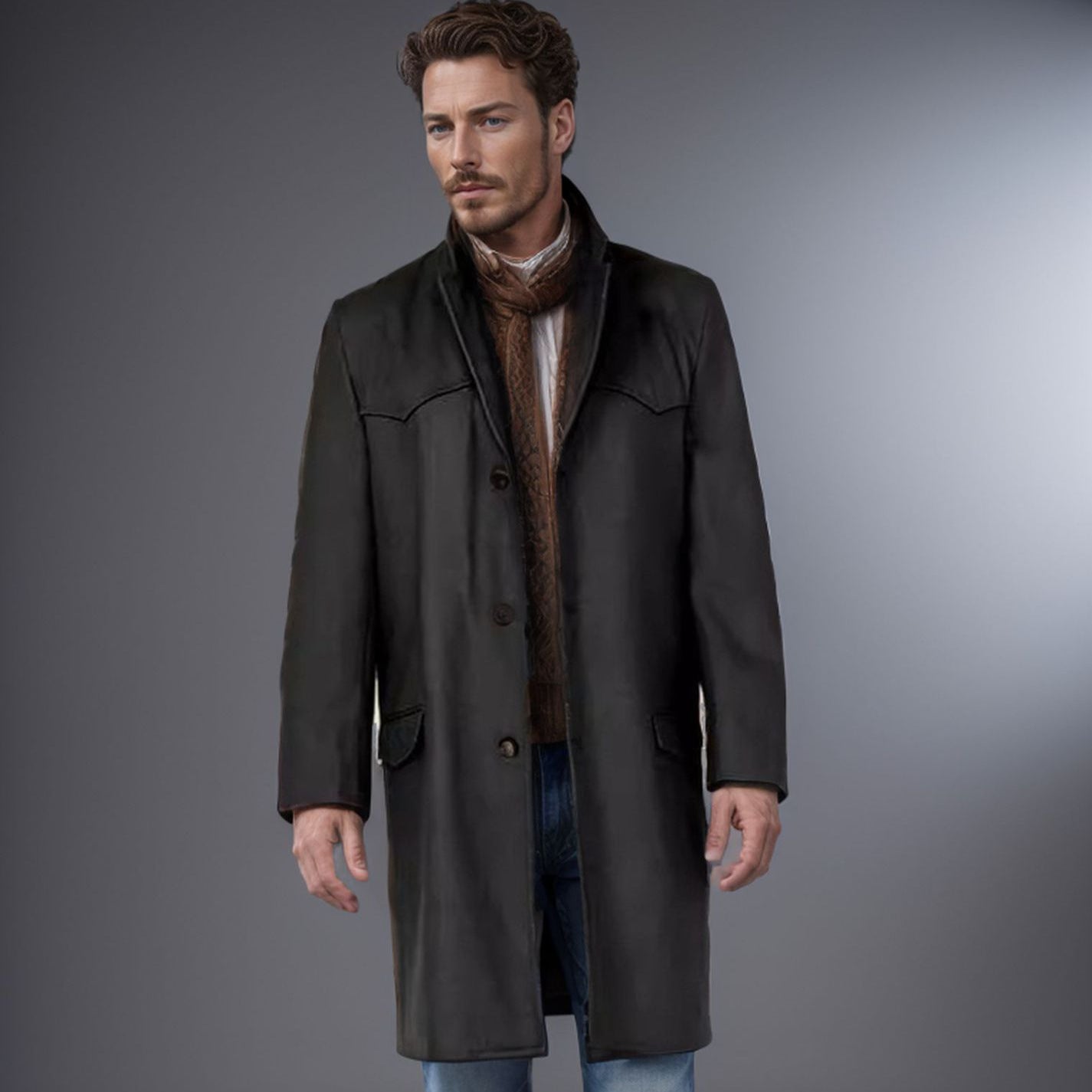 Men's long-cut wool coat with western yoke and flap pockets Chichicherry