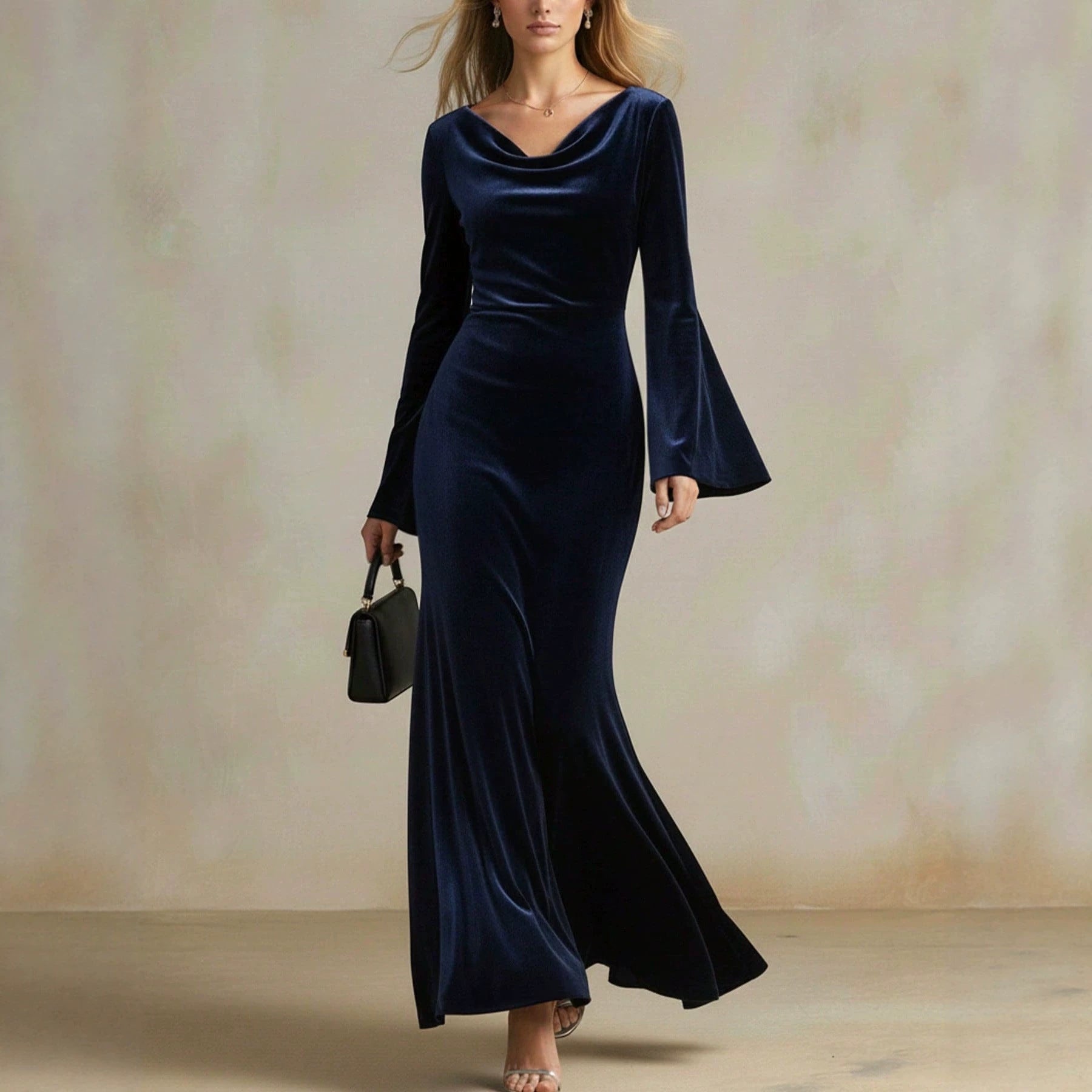 Damen Samt-Abendkleid mit Wasserfall-Ausschnitt, taillierter Silhouette und ausgestellten Trompetenärmeln Chichicherry