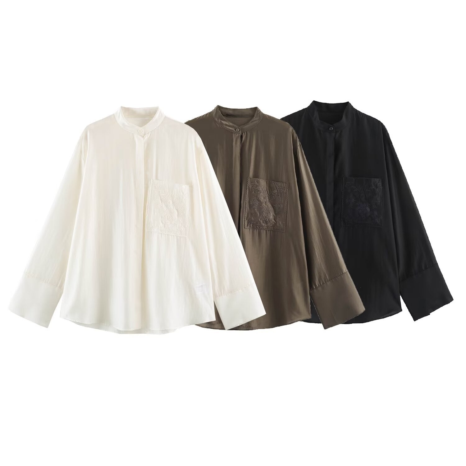 Women Oversized Silk Effect Shirt Blouse with Stand Collar and Embroidered Chest Pocket Chichicherry