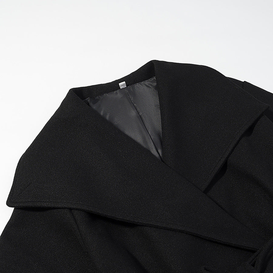 Women's Short Wool Blend Coat with Wide Shawl Collar and Waist Belt Chichicherry