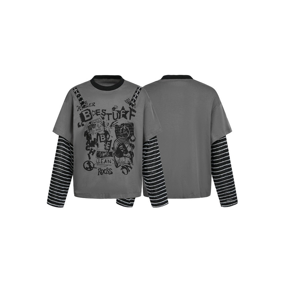 Women's Layered Look T-Shirt with Striped Sleeves and Graffiti Print Chichicherry