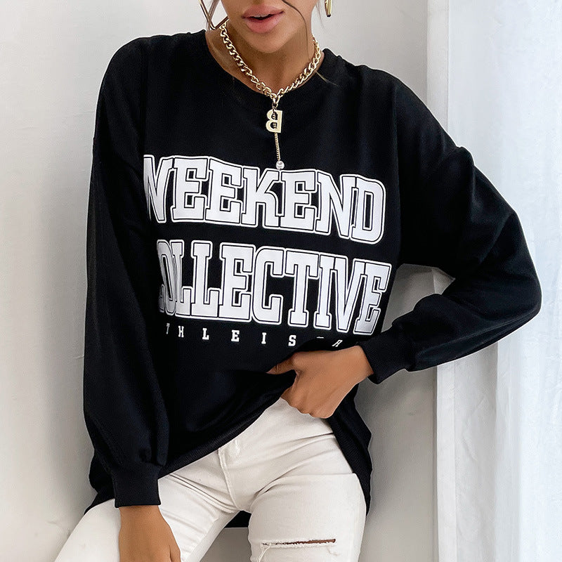 Women's Oversized Sweatshirt with College Print and Round Neck