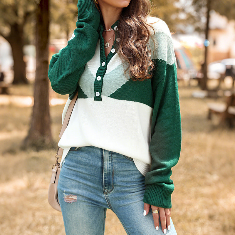 Women's chunky knit henley pullover with stand-up collar and chevron intarsia Chichicherry