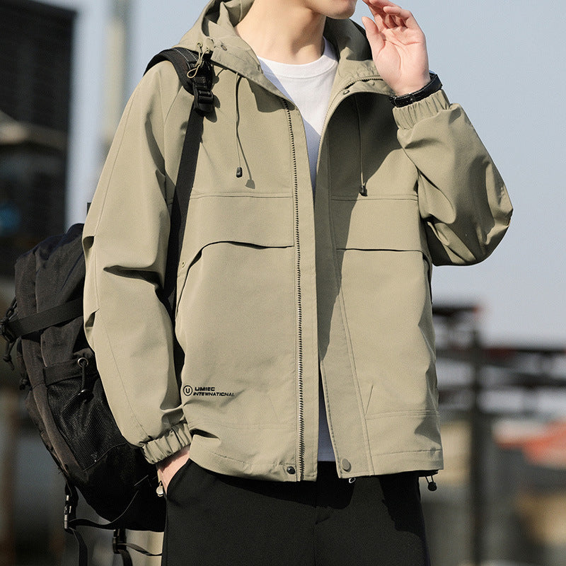 Men's Lightweight Hooded Utility Windbreaker with Large Flap Pockets and Elastic Cuffs Chichicherry