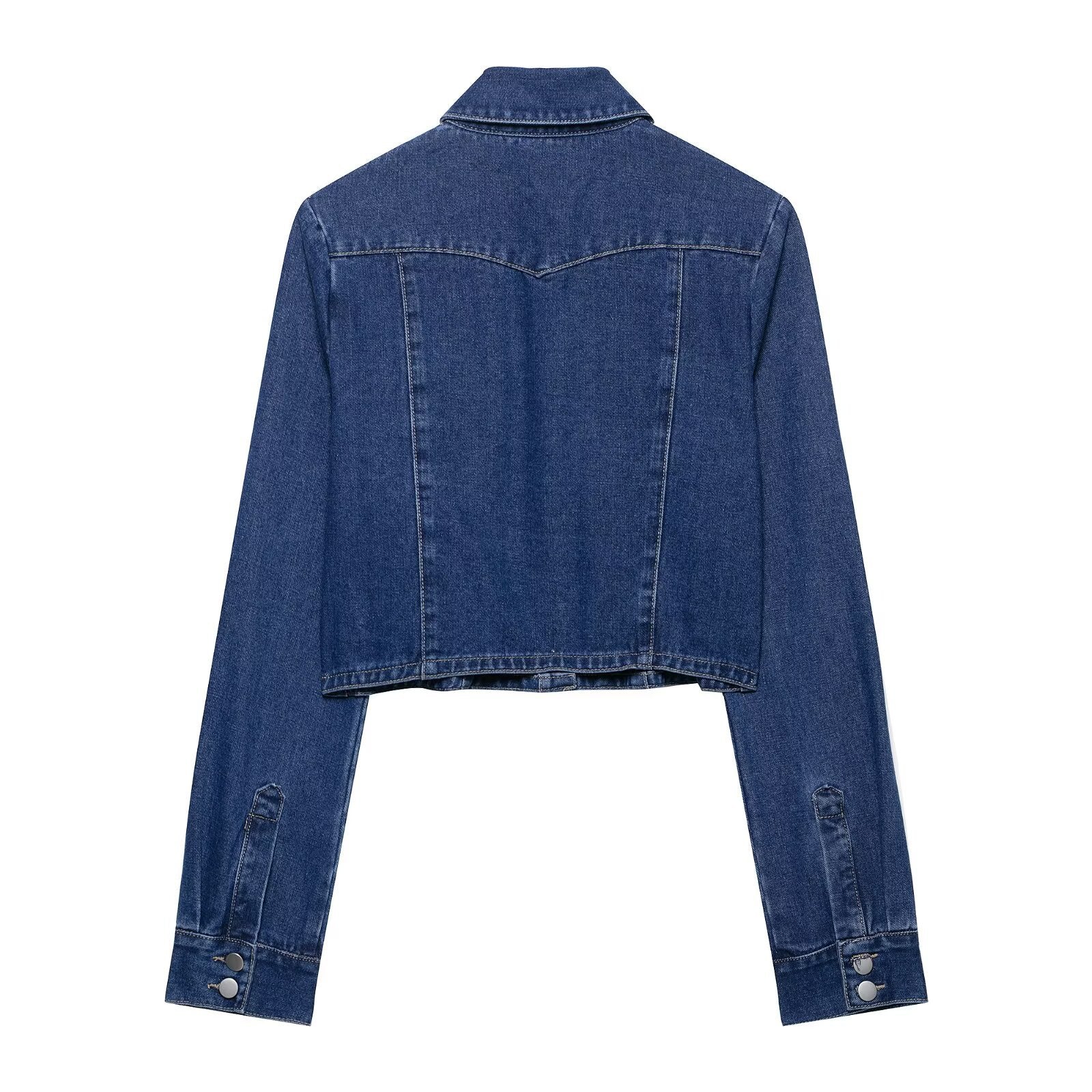 Women Short Cut Denim Jacket with Chest Pockets and Snap Placket Chichicherry