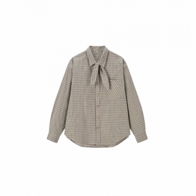 Women Checked Blouse with Bow Collar and Breast Pocket Chichicherry