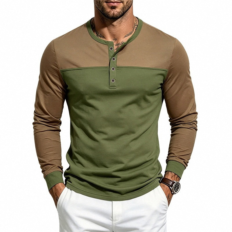 Men's Slim-Fit Long Sleeve Henley Shirt with Contrast Piping and Button Placket Chichicherry