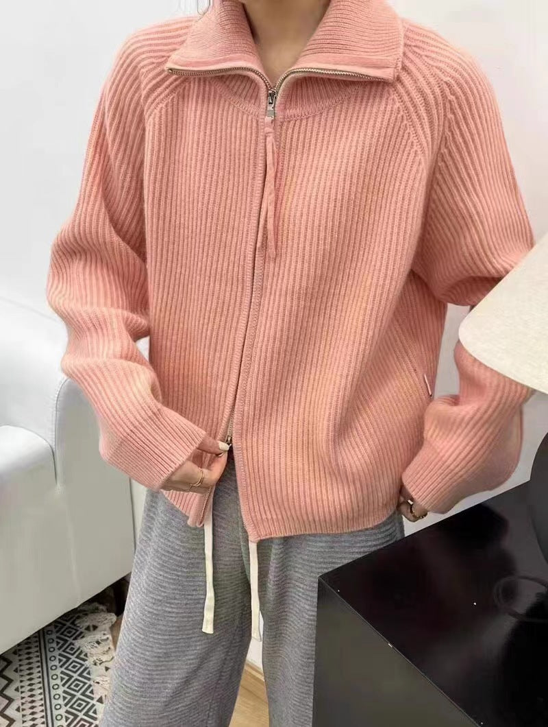 Women Oversized Cardigan with Zipper, Stand-Up Collar and Ribbed Structure Chichicherry