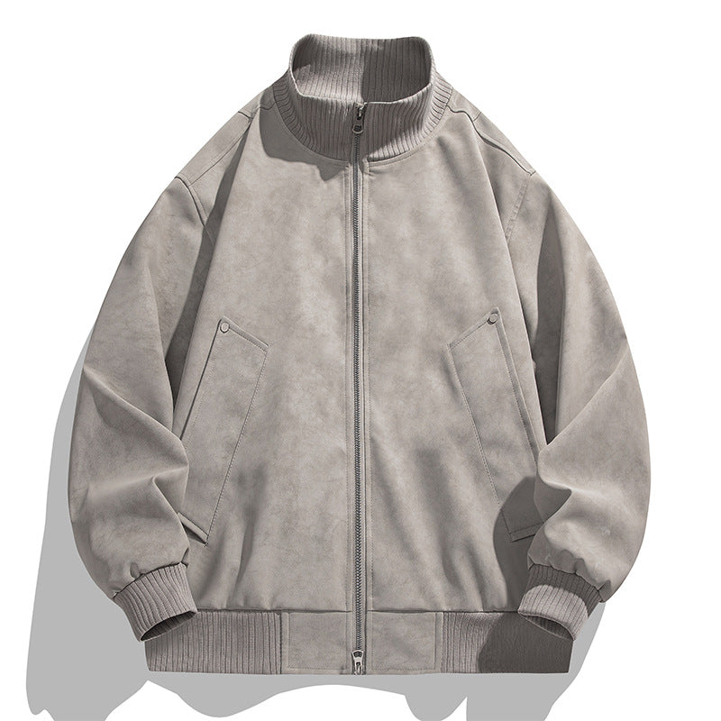 Men's Oversized Suede Look Bomber Jacket with Stand-Up Collar and Ribbed Cuffs Chichicherry