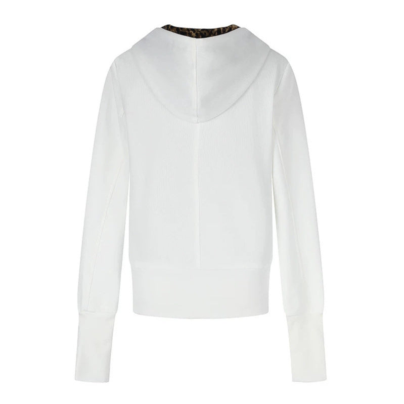 Women's Hooded Sweat Jacket with Full Zip, Gathered Front and Leopard Hood Lining Chichicherry