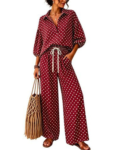 Women's Polka Dot Two-Piece Lounge Set with Shirt Blouse Top and Drawstring Wide Leg Pants Chichicherry