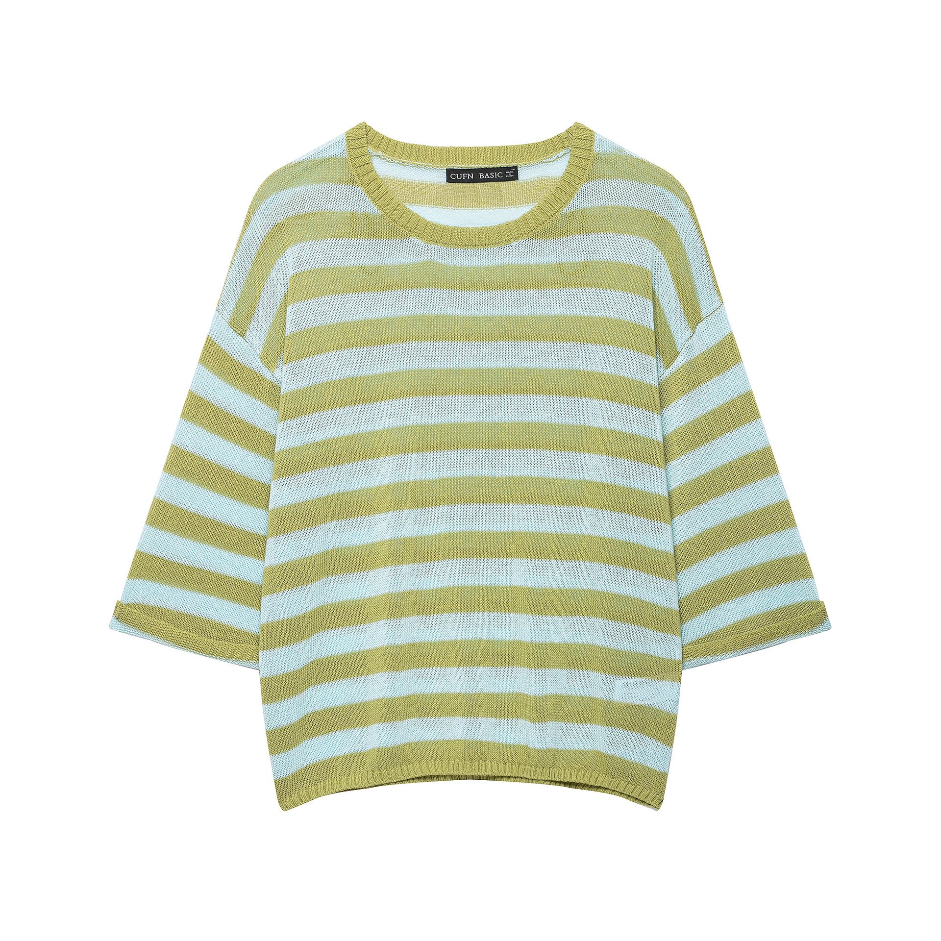 Women Light Striped Knit Poncho with Wide Short Sleeves and Boat Neck Chichicherry