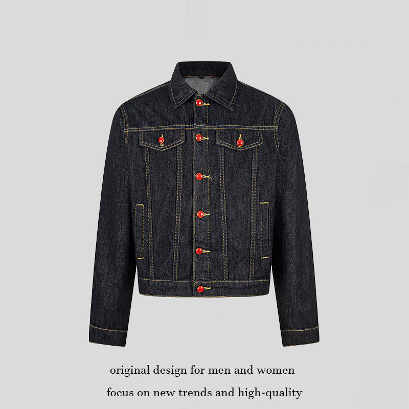 Women short-cut denim jacket in trucker style with decorative buttons Chichicherry