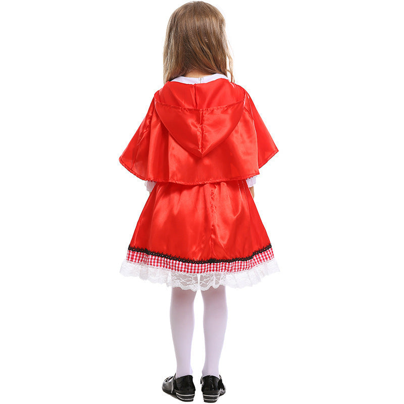 Girls Fairytale Little Red Riding Hood Costume with Cape and Embroidered Apron Chichicherry