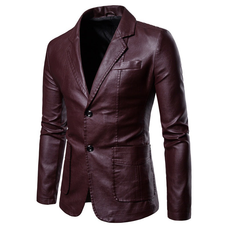 Men's faux leather blazer jacket slim fit with lapel collar and patch pockets Chichicherry