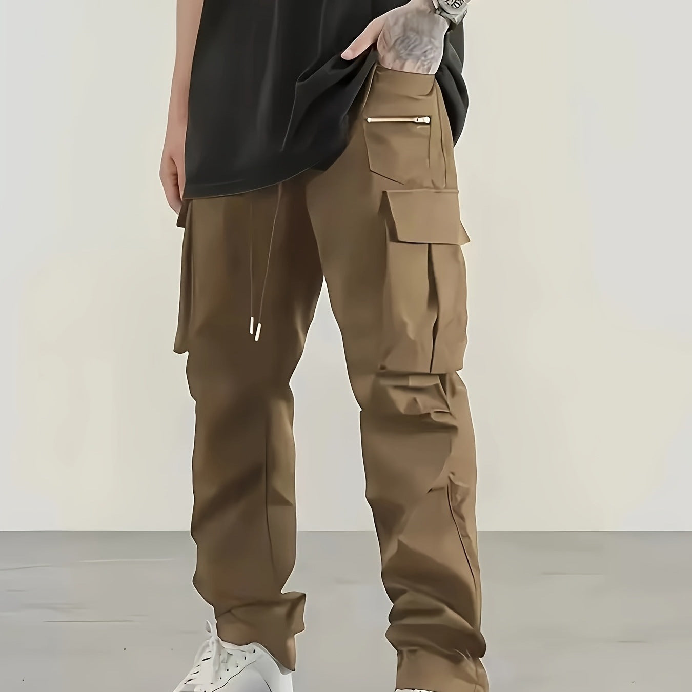 Men's utilitarian cargo pants with zip pocket, flaps & drawstring waist Chichicherry