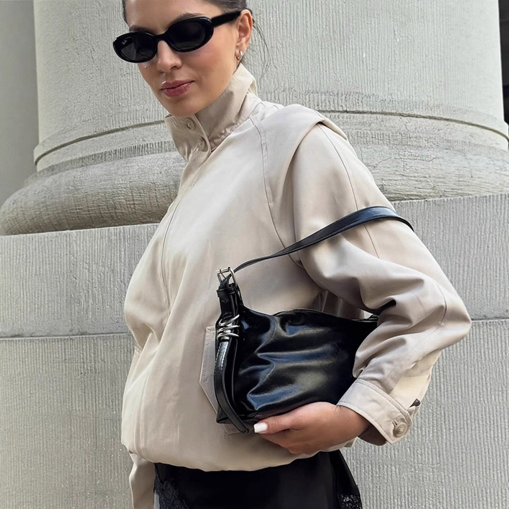 Women Lightweight Tailored Cropped Bomber with High Stand Collar and Raglan Sleeves Chichicherry