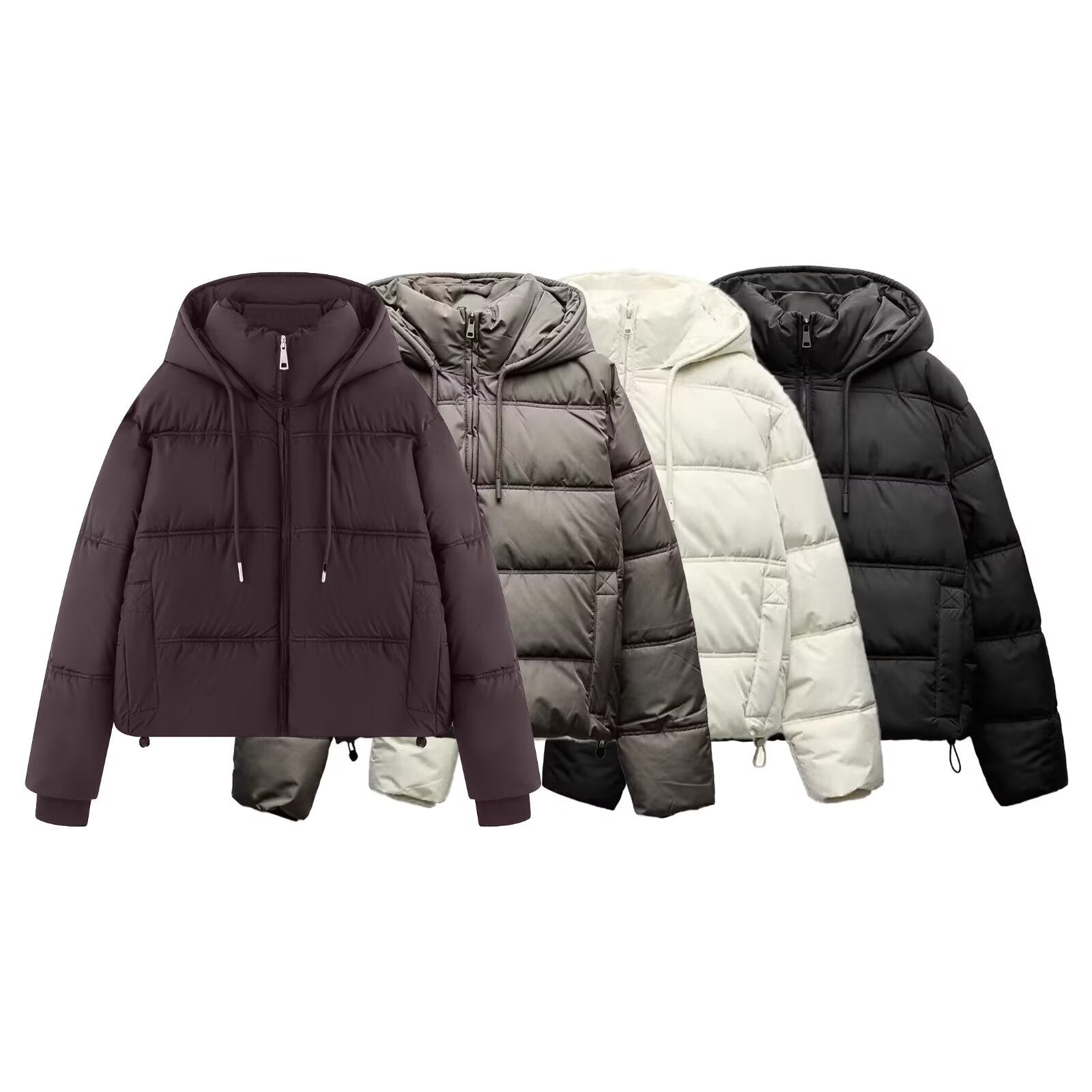Women's Cropped Padded Jacket with High Hood, Drawstring and Ribbed Cuffs Chichicherry
