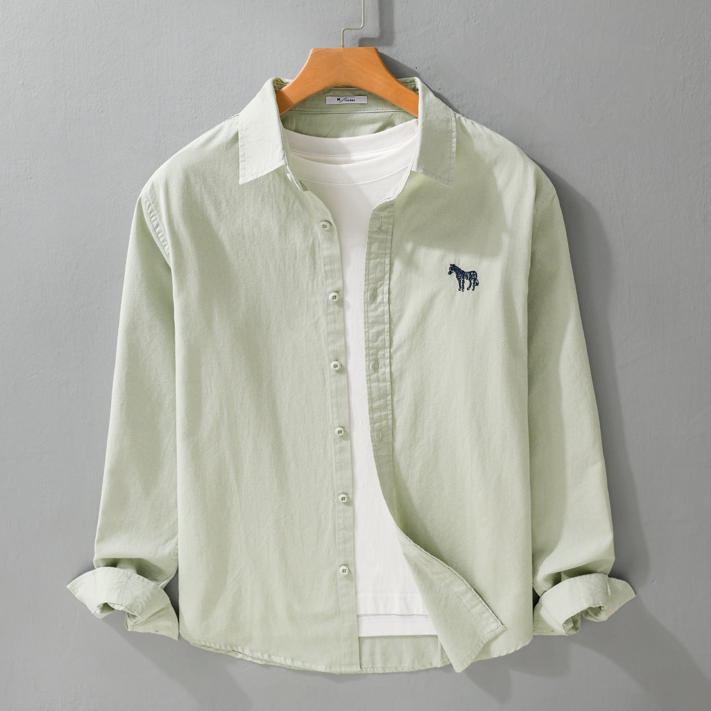 Men's Cotton Oxford Shirt Jacket in Layering Style with Subtle Zebra Embroidery and Kent Collar Chichicherry