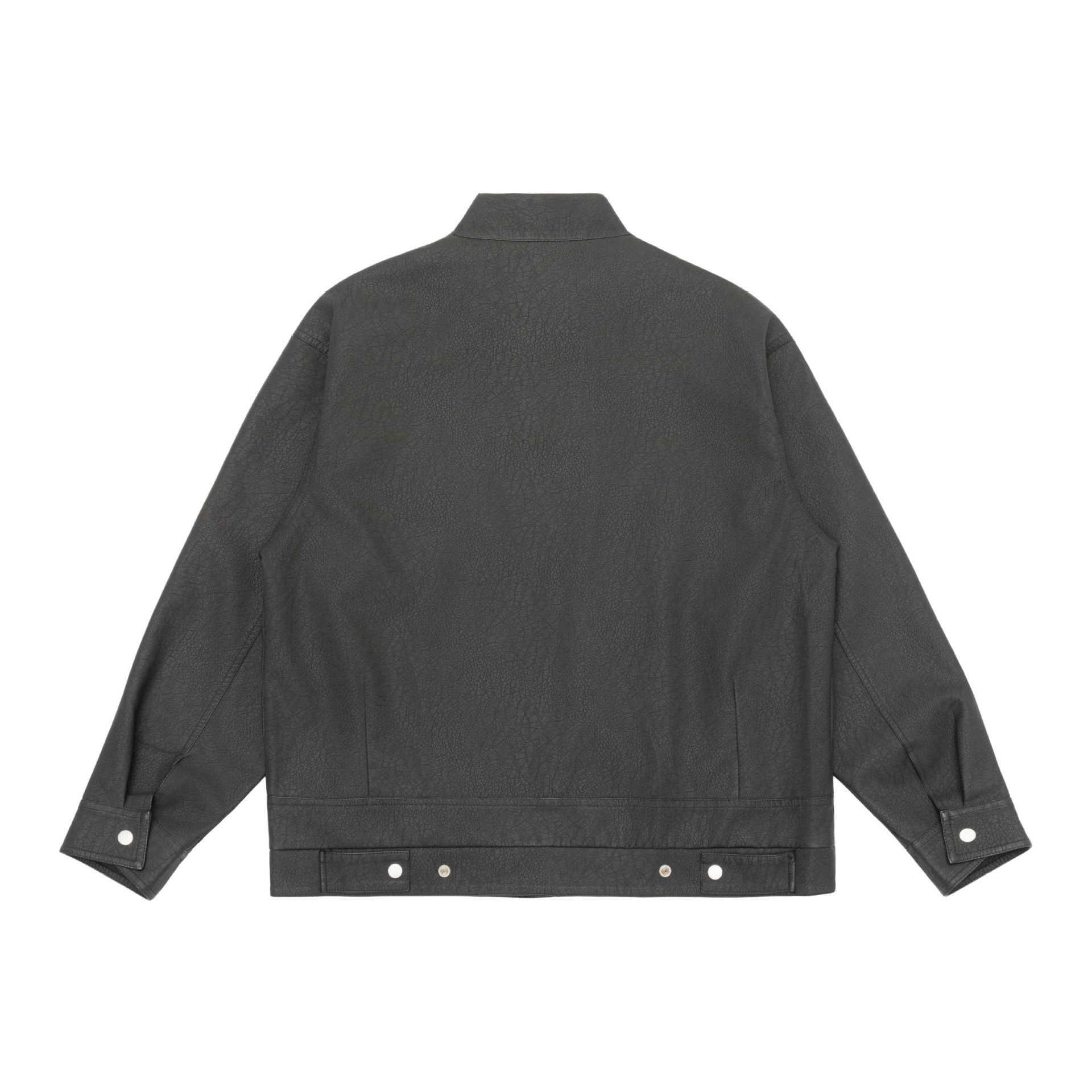 Unisex Boxy-Faux Leather Blouson Jacket with Stand Collar and Flap Pockets Chichicherry