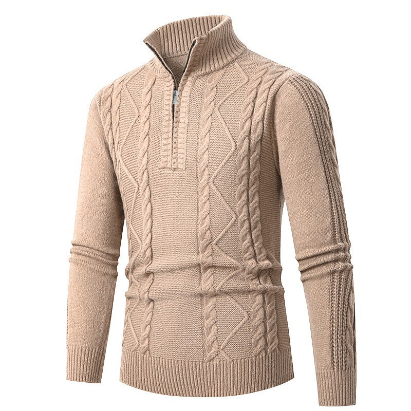 Men's Premium Cable Knit Half-Zip Pullover with High Collar and Texture Mix Chichicherry