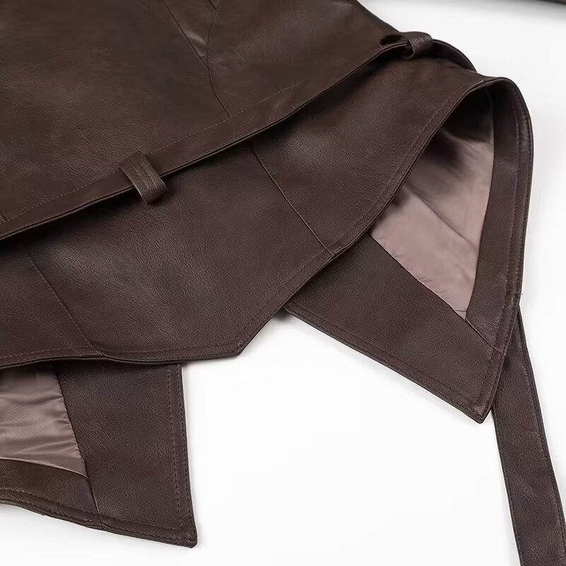Women Short Blazer Leather Jacket with Shawl Collar, Waist Belt and Lacing Detail Chichicherry