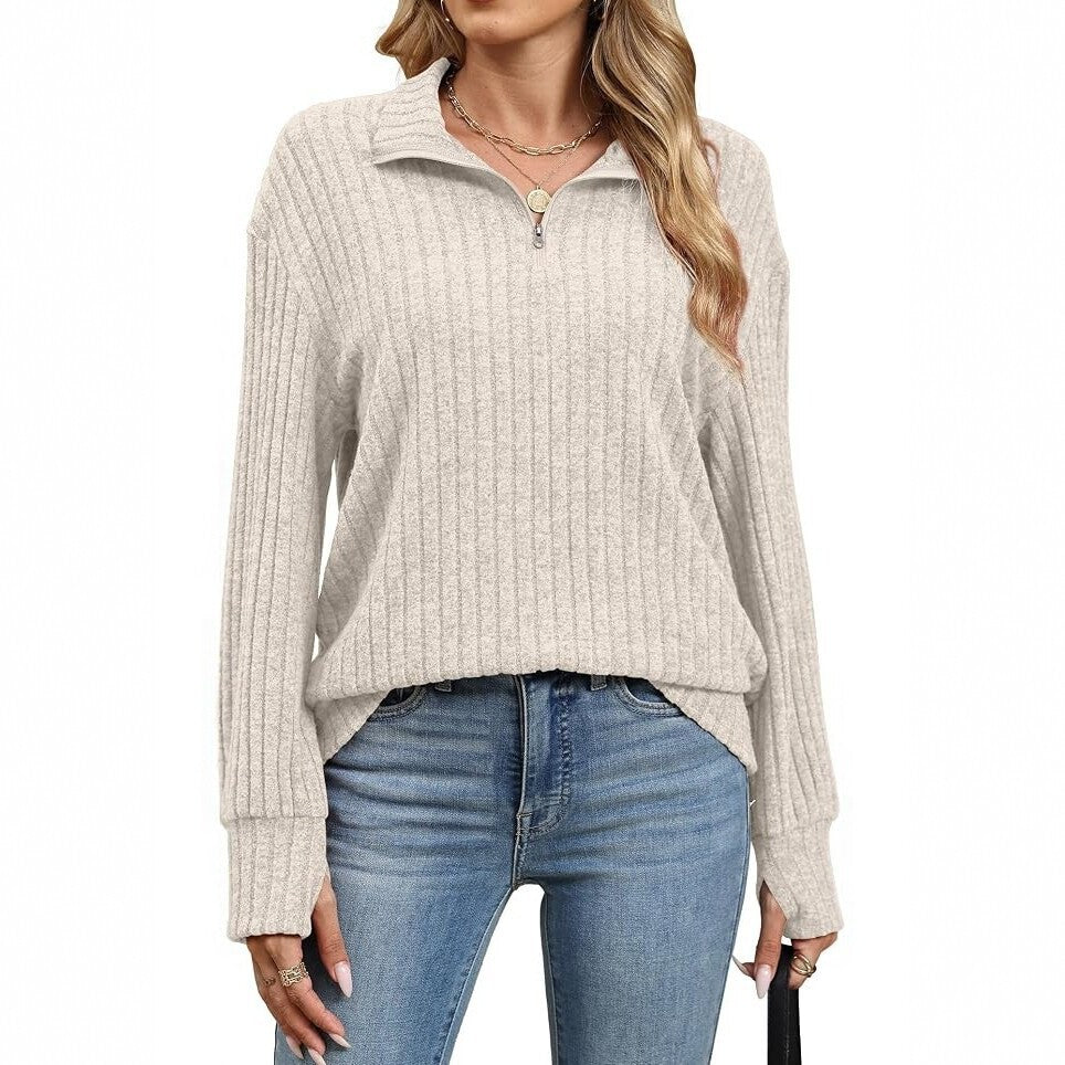 Women's Ribbed Half-Zip Sweater with Stand-Up Collar and Relaxed Fit Chichicherry