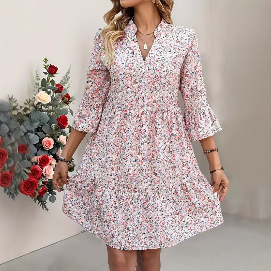 Women's Floral Babydoll Dress with V-Neck, High Empire Waist and Bell Sleeves Chichicherry