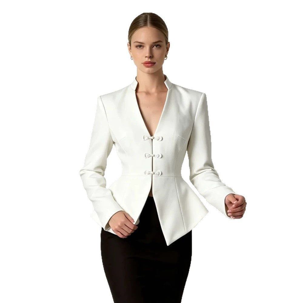 Women's Tailored Peplum Blazer with Mandarin Collar and Decorative Knot Fastenings Chichicherry