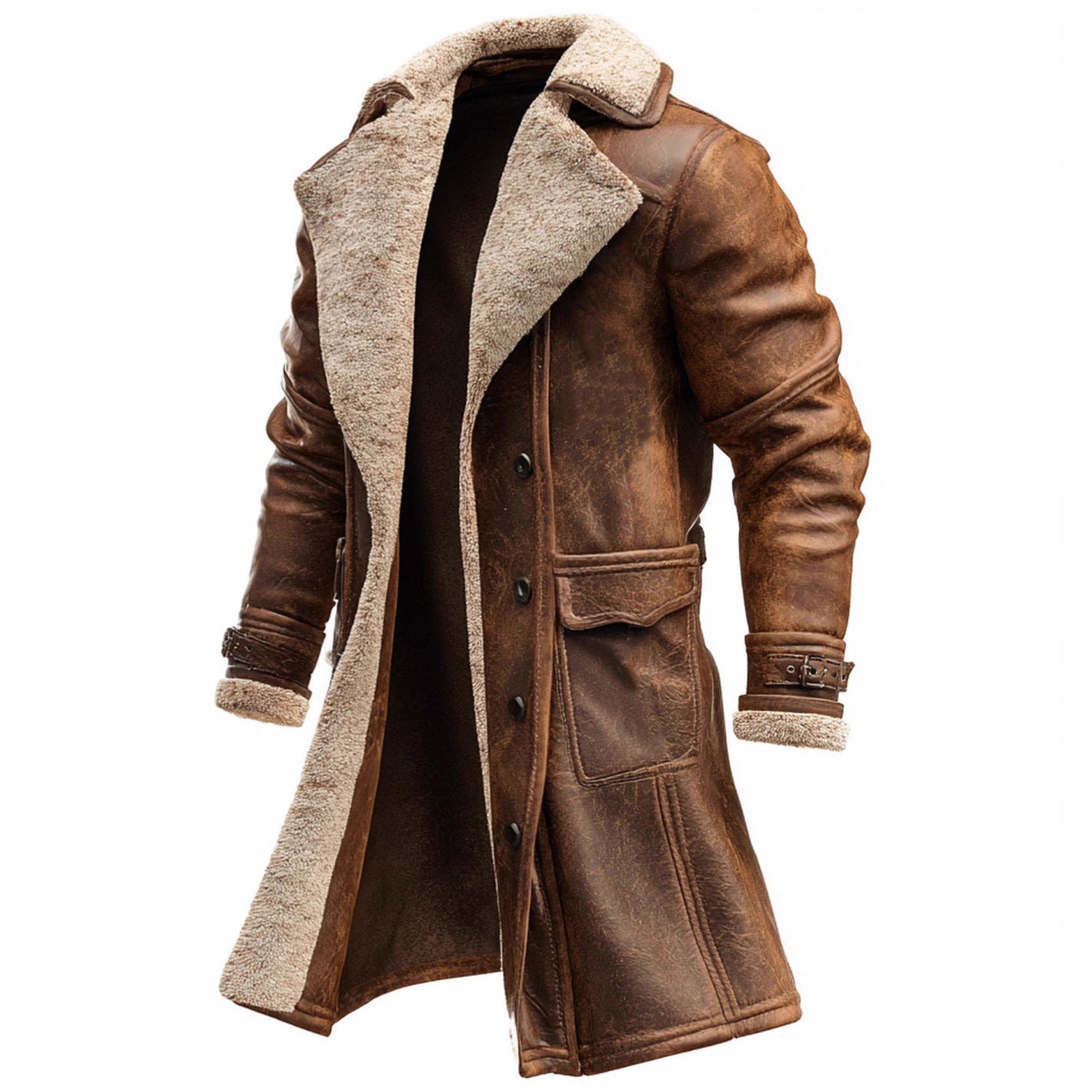 Men's Long Vintage Faux Leather Coat with Teddy Lining and Adjustable Buckle Cuffs Chichicherry