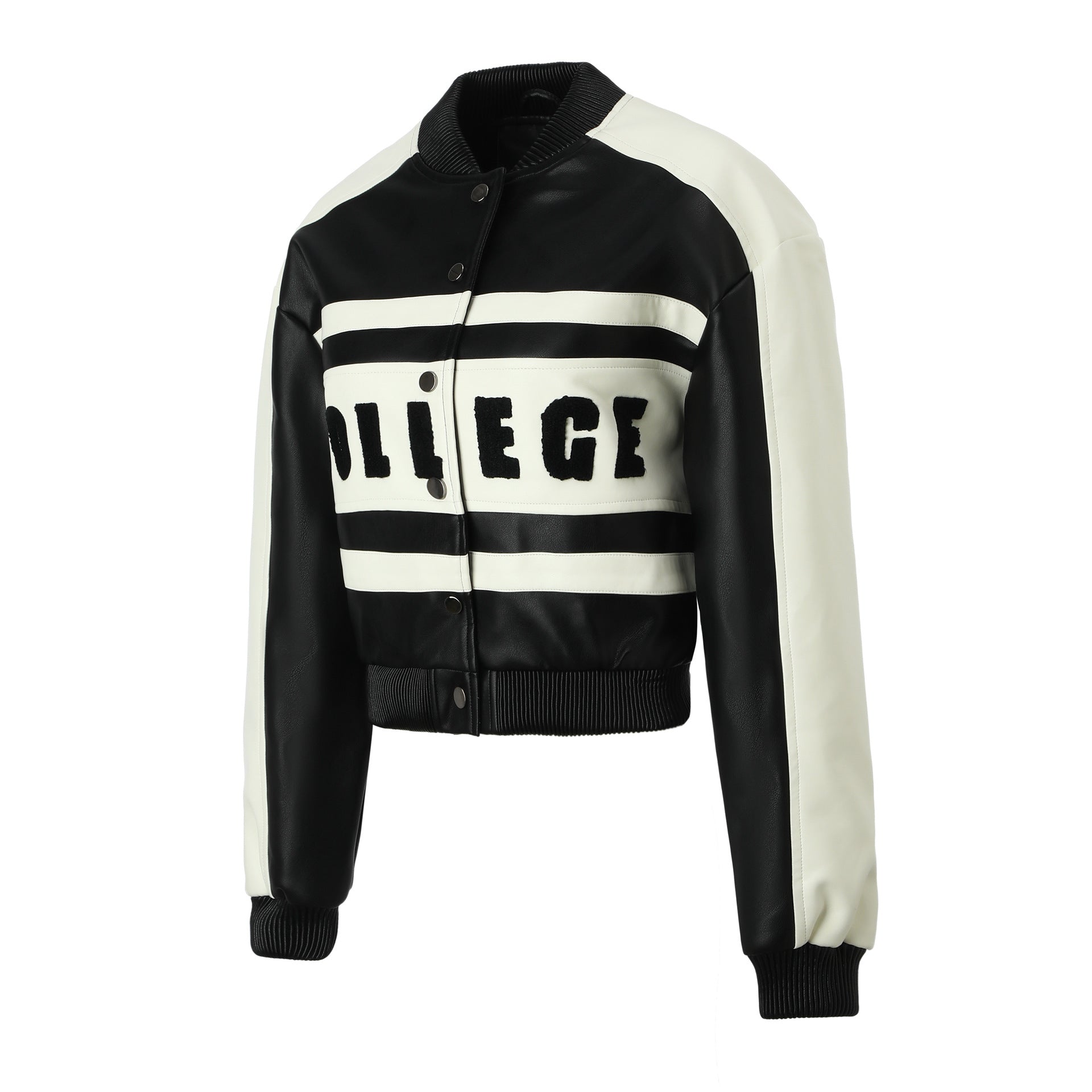 Women Cropped College Bomber Jacket made of faux leather with contrasting stripes and snap buttons Chichicherry