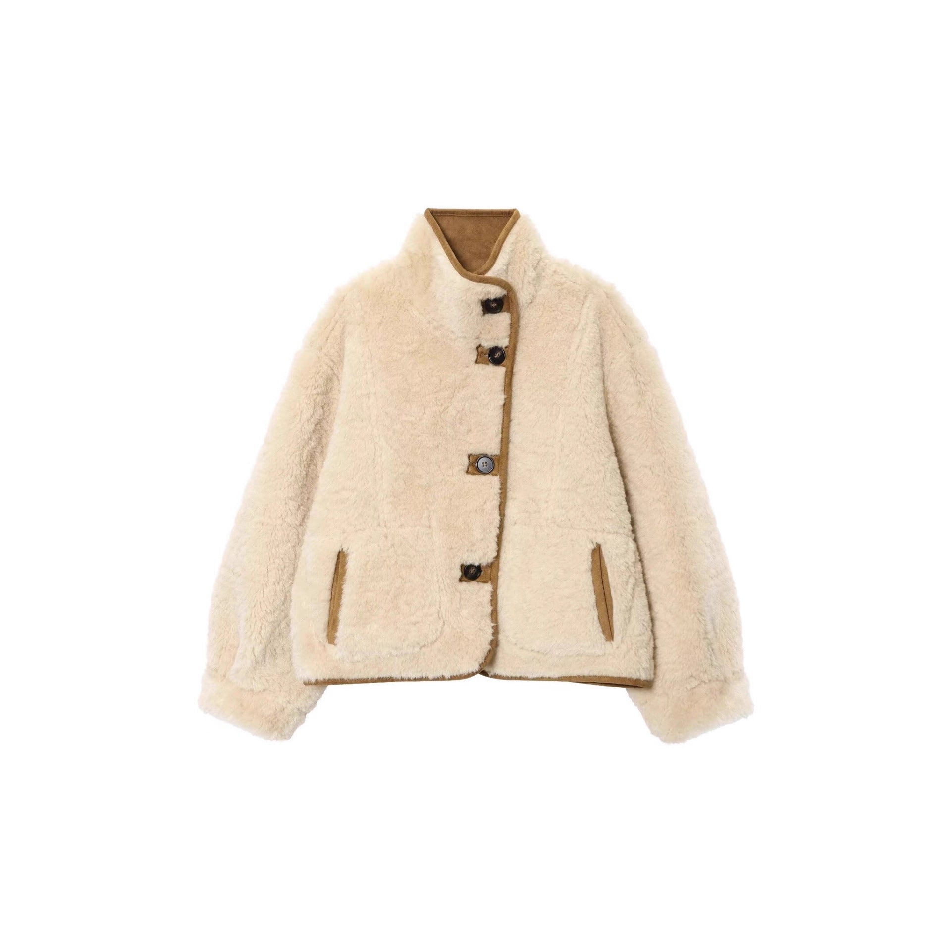 Women Short Jacket made of Suede Leatherette with Teddy Lining and Stand-Up Collar Chichicherry