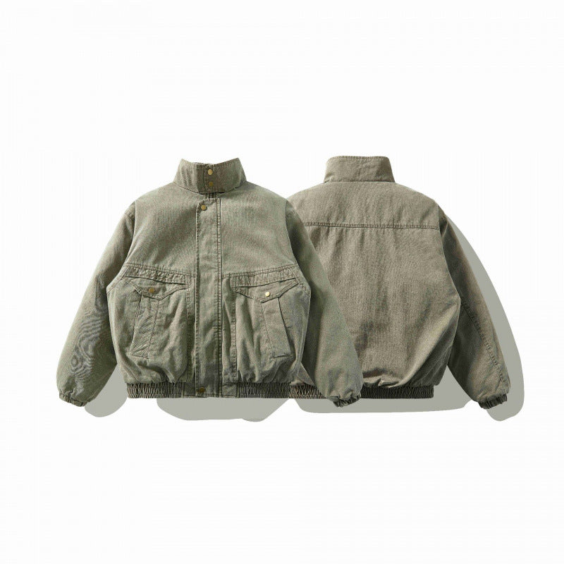 Unisex Loose-Fitting Canvas Utility Jacket with Standing Collar, Flap Pockets and Elastic Hem Chichicherry