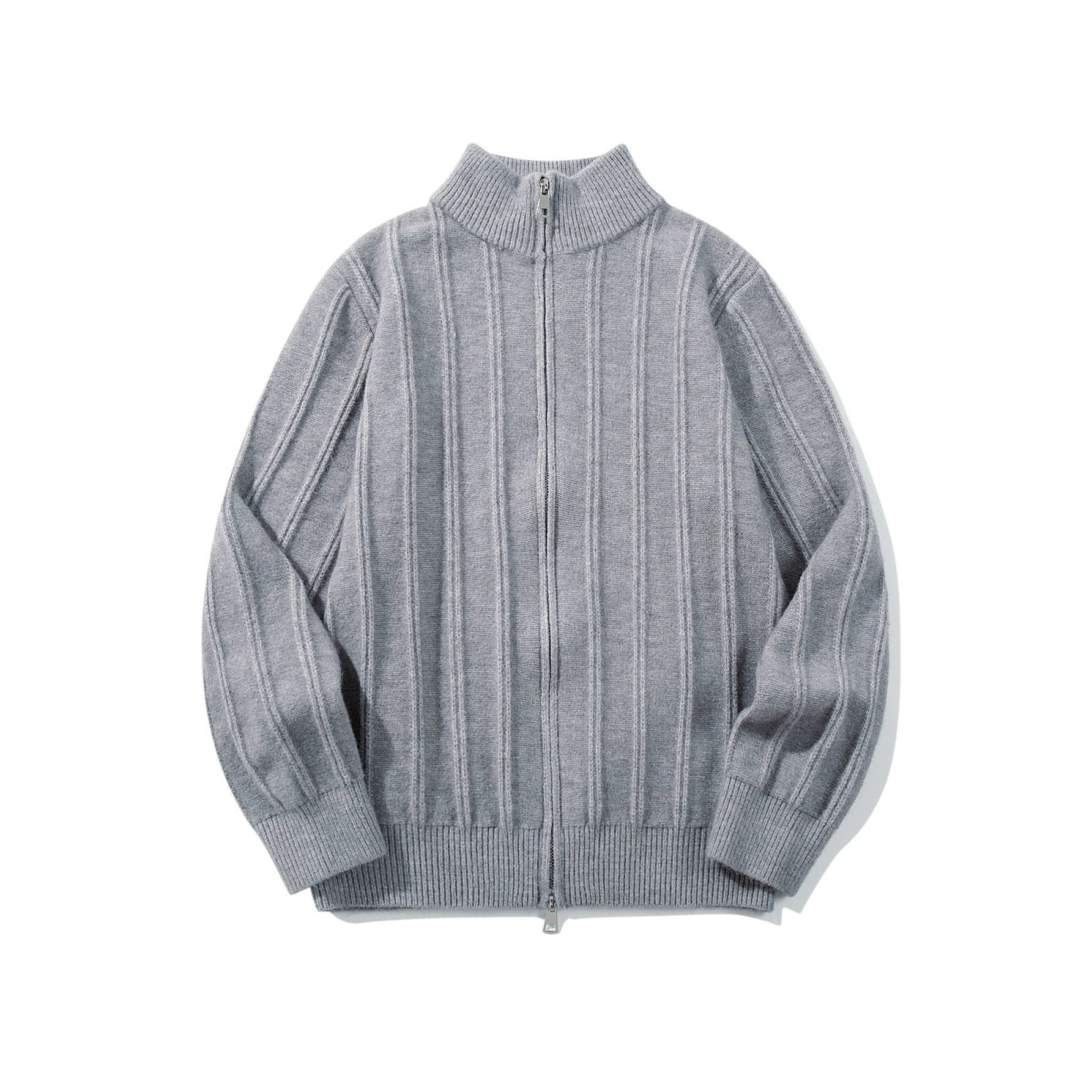 Unisex Gathered Knit Zip Jacket with High Stand-up Collar and Vertical Structure Chichicherry