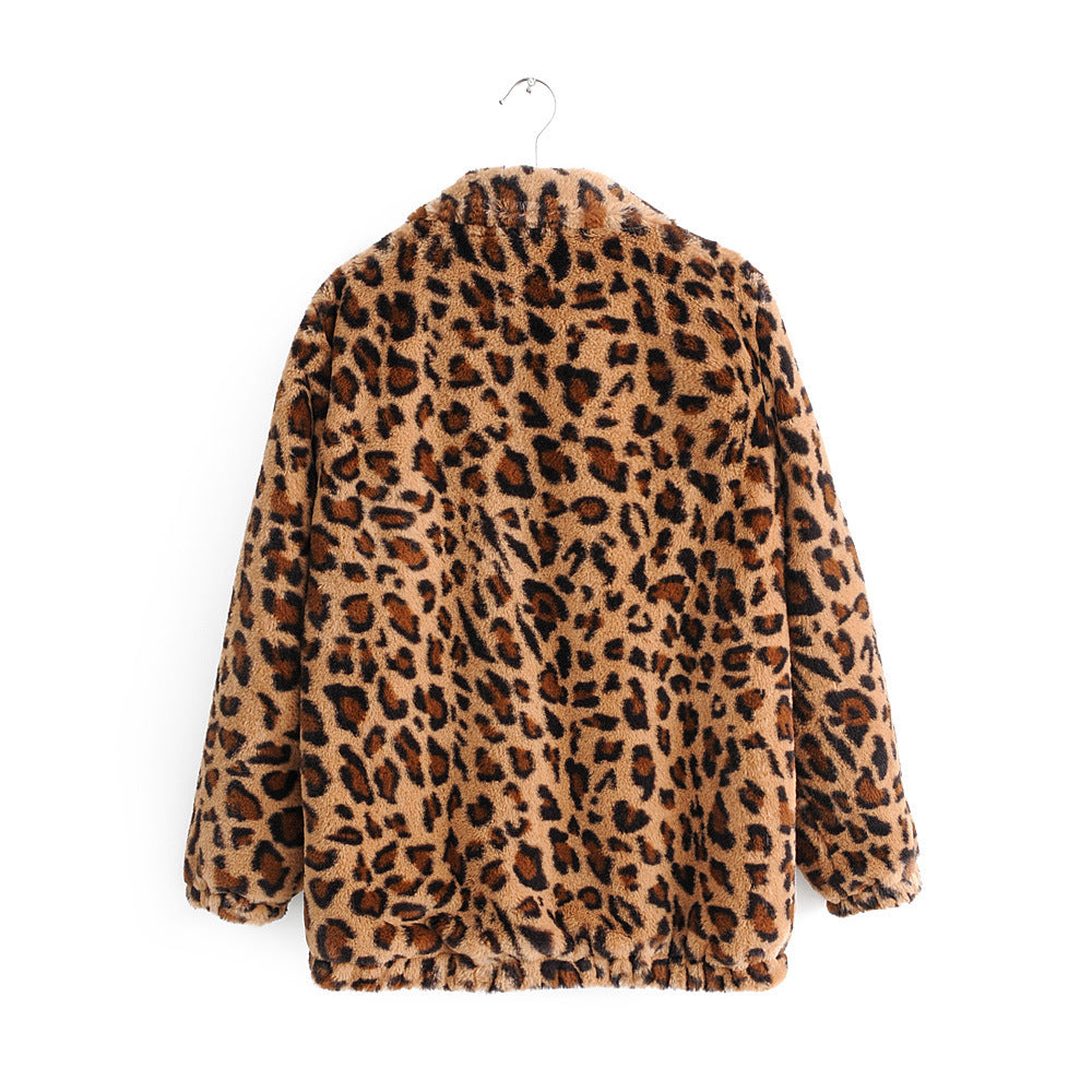 Women's faux fur jacket with leopard print, full zip and elastic hem Chichicherry