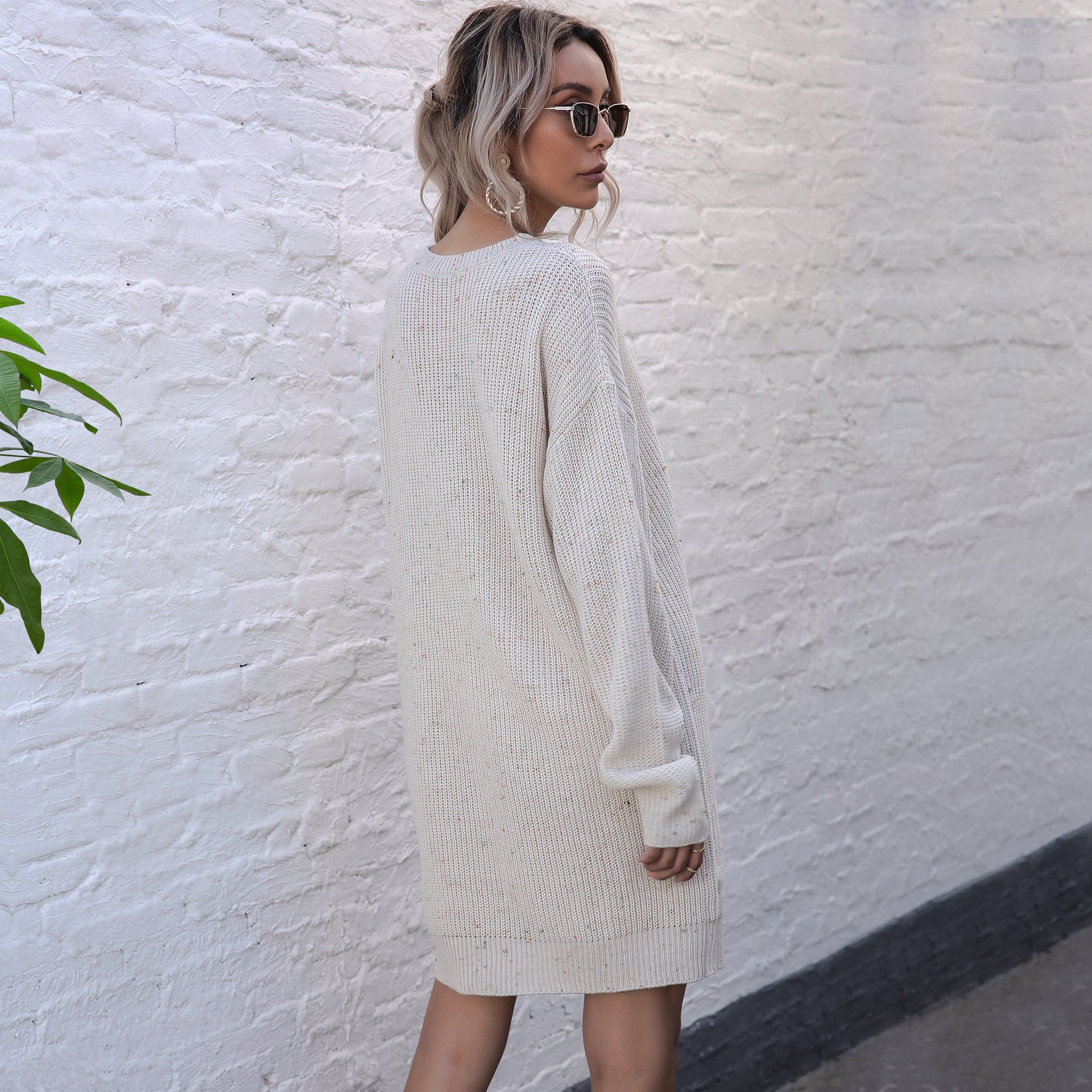 Women's Knitted Mini Knit Dress with V-Neck, Choker Detail, and Balloon Sleeves Chichicherry