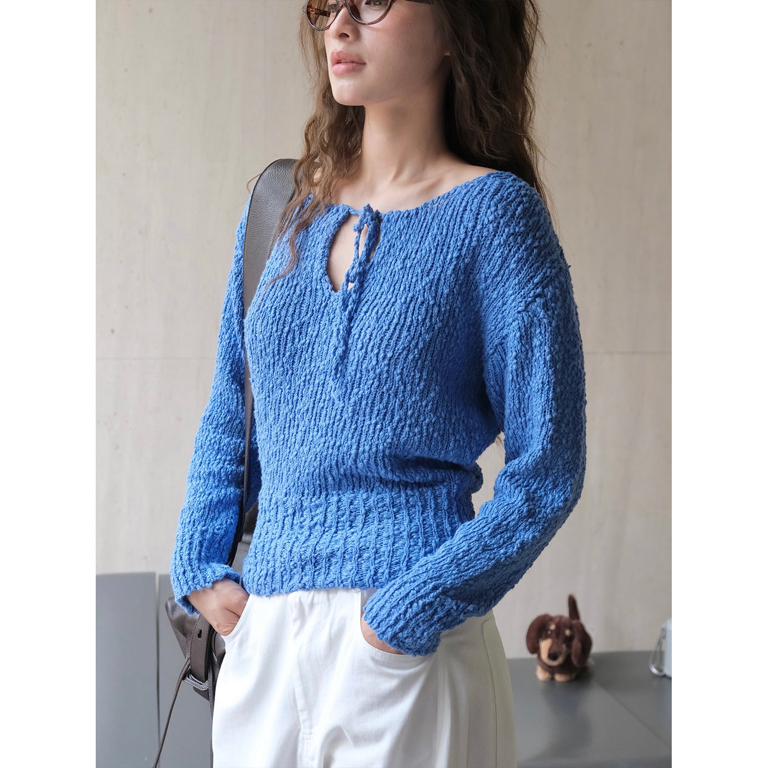Women's chunky knit sweater with wide bateau neckline and tie belt Chichicherry