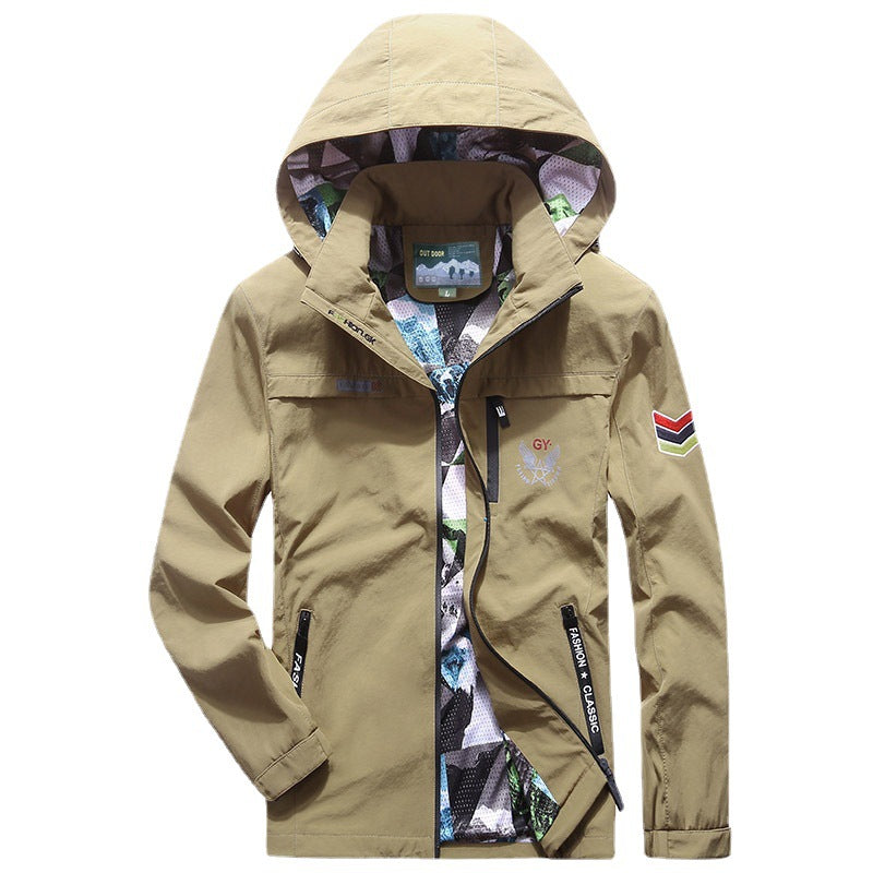 Men's lightweight water-repellent softshell hoodie jacket with zip pockets and sleeve detail Chichicherry