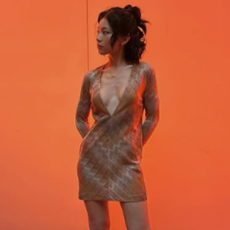 Women Sparkling Knit Mini Dress with Deep V-Neck Chichicherry