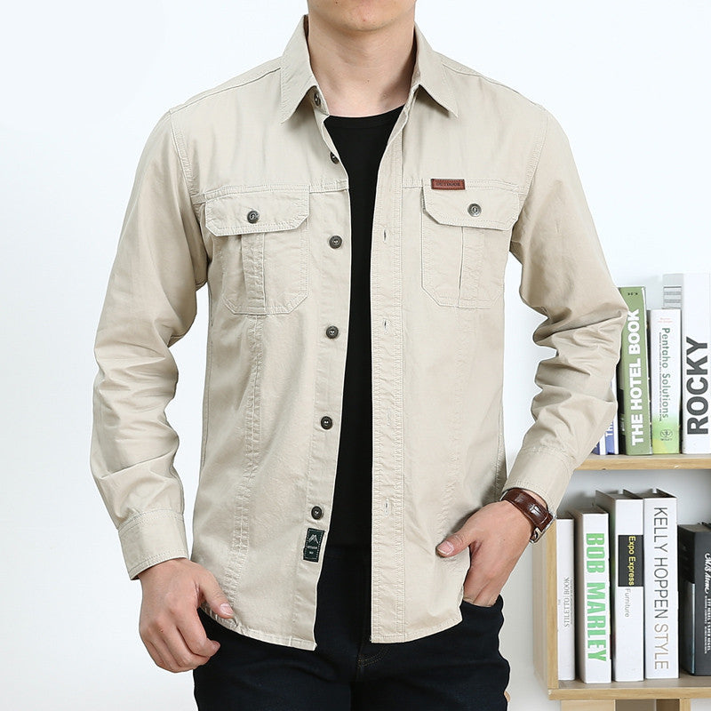 Men's Lightweight Canvas Overshirt in Utility Style with Chest Flap Pockets and Shirt Collar Chichicherry