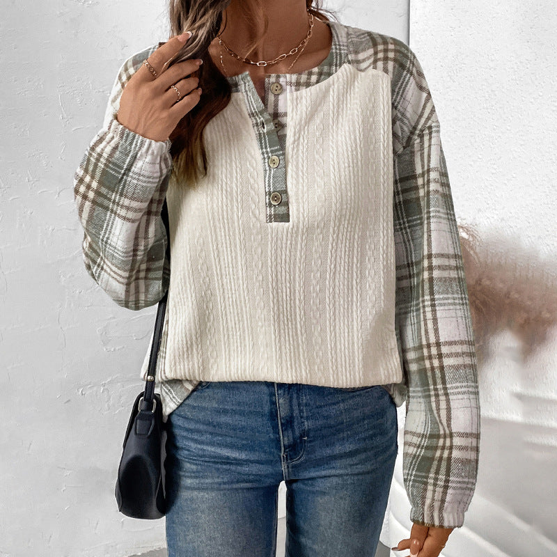 Women's Long-Sleeve Knit Blend Shirt with Checkered Sleeves, Henley Button Placket & Structure Mix Chichicherry